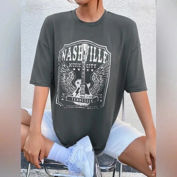 SHEIN Tops - SHEIN Nashville Tennessee EZwear Wing‎ Guitar Graphic Drop Shoulder EUC Tee 2XL
